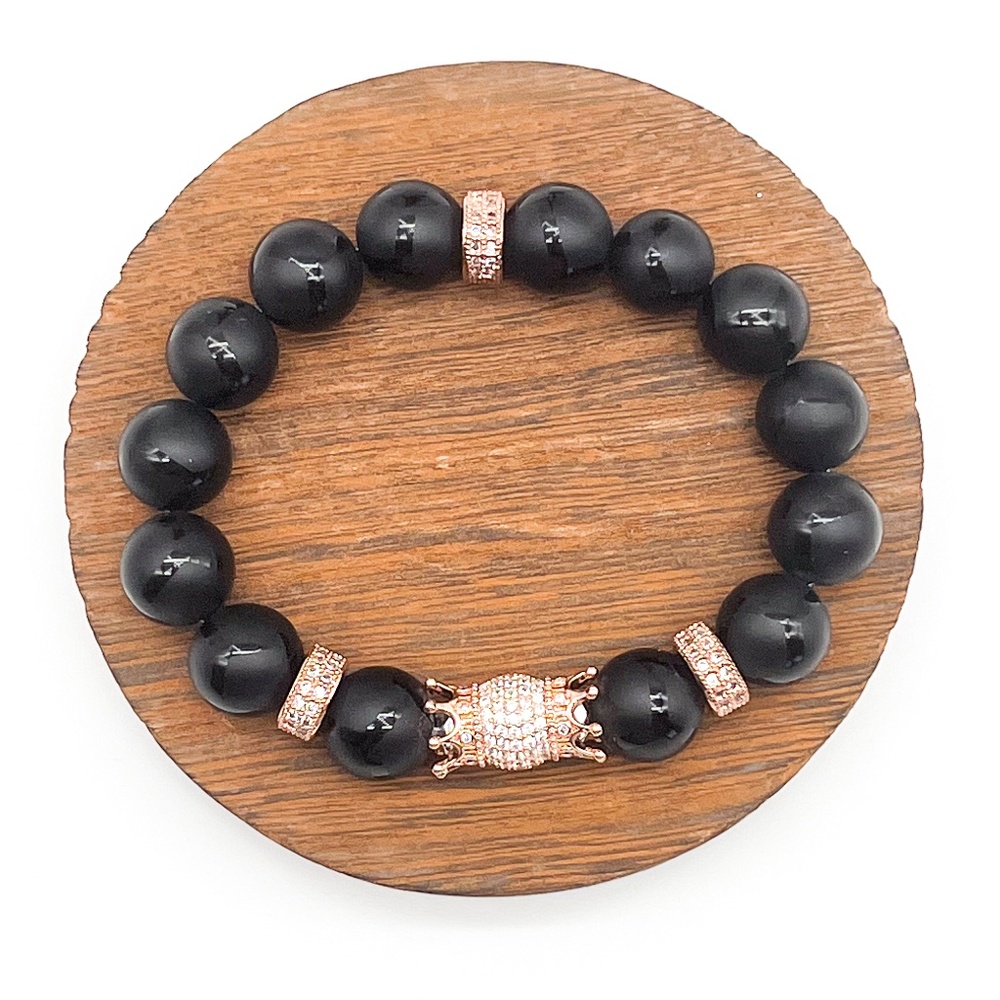 Black Onyx & Rose Gold Double Sided Crown Bracelet